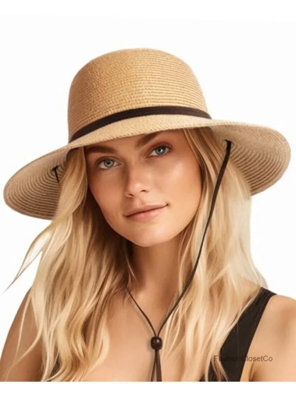Wide Brim Sun Hat with Wind Lanyard UPF 50+ Straw Foldable Beach Hat